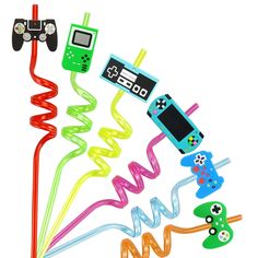 a bunch of different types of game controllers on a stick with wires attached to them