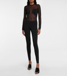 Find ALAÏA Alaïa Semi-sheer Bodysuit on Editorialist. Material: 81% viscose, 1% polyurethane, 18% polyamide. Made in Italy. Closure: zipped back. Designer color name: Noir Alaia. Material II: 100% silk. Care instructions: dry clean. Chic Sheer Second-skin Bodysuit, Chic Second-skin Bodysuit With Sheer Detail, Elegant Evening Nylon Bodysuit, Elegant Evening Bodysuit, Elegant Sheer Second-skin Bodysuit, Chic Second-skin Bodysuit For Party, Sleek Second-skin Bodysuit For Evening, Second-skin Polyamide Bodysuit For Night Out, Evening Stretch Mesh Bodysuit