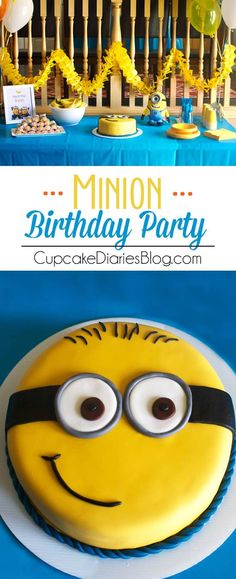 a birthday cake that looks like a minion with eyes on it and the words,'minion birthday party cupcakes & cakes blog