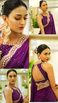 Sela Saree Blouse Designs Latest, V Neck Blouse Jewellery Ideas, Silk Saree Blouse Designs Pattern Latest, Sari Blouse Styles, Violet Blouse, Lengha Blouse Designs, Netted Blouse Designs, Backless Blouse Designs, New Saree Blouse Designs