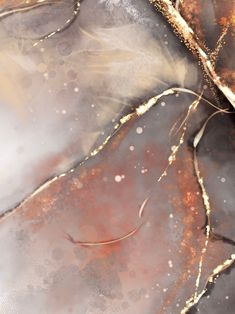 an abstract painting with gold and silver leaves on it's surface, in shades of brown