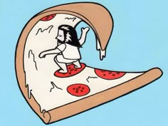 a drawing of a person riding a slice of pizza