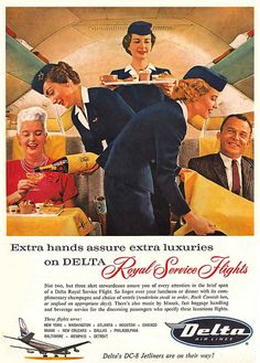 an advertisement for delta air lines with people eating and talking to each other on the plane