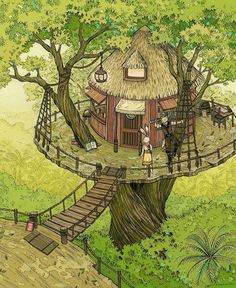 a drawing of a tree house in the middle of a forest with stairs leading up to it