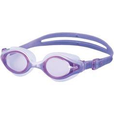 the swimming goggles are purple and white with clear lenses on each one side