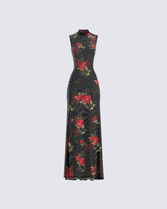 Radiate charm and confidence in this captivating rose print maxi dress 🌹With its striking floral design and flattering silhouette, you'll effortlessly turn heads wherever you go. Made from a mesh fabric, and complete with a mock neck ✨ Leave little to the imagination -- dress is sheer & undergarments are not included 👀 The print is randomly placed so each garment will be uniquely different! Dress Neck, Rose Floral Dress, Dress With Roses, Black Rose Dress, Black Flower Dress Outfit, Dresses Unique, Roses Dress, Roses Outfit, Maxi Dress Floral