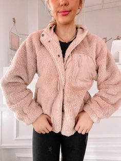 Felice Blush Pink Jacket | Sassy Shortcake | sassyshortcake.com Pink Fuzzy Jacket, Sassy Shortcake, Women Ties, Pink Jacket, Light Jacket, Red Plaid, Sweater Weather, Snap Button, Blush Pink