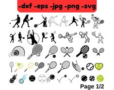 various silhouettes of people playing tennis and other sports related items on a white background