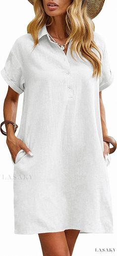 Lasaky - Cotton Blend Shirt Dress with Short Sleeves, Button Closure, and Pocket – Ideal for Casual and Beachwear Light Colored Dresses, Dress Summer Casual, Bride Dress Lace, Cotton Shirts Women, Button Front Shirt Dress, Shirt Dress Summer, Beach Coverup Dress, Floral Cocktail Dress, Button Down Shirt Dress