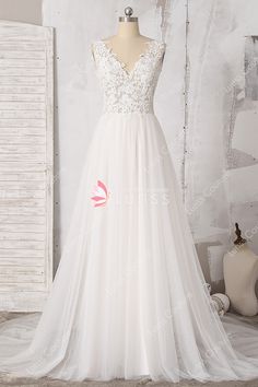 a - line v - neck chiffon tulle appliques sweep train wedding dress