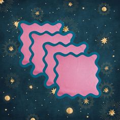 two pink and blue shapes on a dark background with gold stars in the foreground