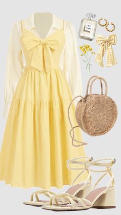 a yellow dress with white shirt and sandals on the bottom is next to a straw bag