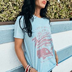 Printed with ink on our super soft prism blue Bella Canvas color shirt + Model is 5'6 wearing a medium + 52/48 cotton/polyester New Moon Phase, Beach Sweatshirt, Beach Tee, Shirt Model, Ringer Tee, Pink Kids, Color Shirt, American Shirts, Beach Bum