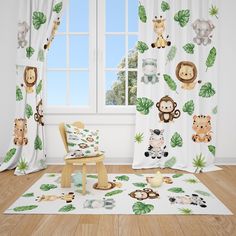 a child's room with jungle animals on the curtains and rugs, along with a rocking chair