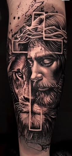 a man's leg with a cross on it and a lion in the middle