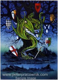 an image of a green dragon with flags on it's back and trees in the background