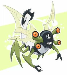 a cartoon insect with orange eyes and wings