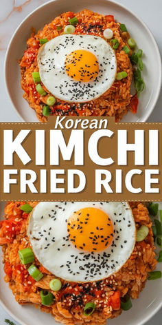 two fried eggs are on top of rice in a white bowl with the words korean kimchi fried rice