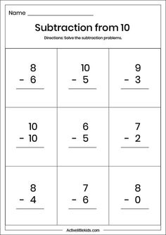 the subtraction from 10 worksheet is shown in this printable version