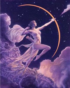 a painting of a woman flying through the sky with a crescent and stars in the background