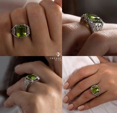 Antique GIA 6.73ct Old Cushion Peridot and Diamond Edwardian Platinum Ring. From the mid-1800s, Peridot was a favored stone in jewelry, reaching the height of its popularity during the aesthetic period of the Victorian era and the reign of Edward VII of England, who designated it as his favorite gemstone. Edwardian Rings represent some of the finest examples of jewelry in existence. Edwardian Diamond jewels were made to look as light and delicate as possible, reflecting the femininity of the Edw Edwardian Rings, Edwardian Ring, Wedding Rings Photos, Diamond Jewel, Marquise Cut Diamond, Platinum Ring, Multi Stone Ring, Vintage Ring, Diamond Cluster