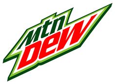 the mtn dew logo is shown in red, green and white on a black background