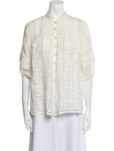 Zimmermann Button-Up TopNeutralsEmbroidered AccentThree-Quarter Sleeve with Mock NeckButton Closure at FrontDesigner size 1.Designer Fit: Tops by Zimmermann typically fit true to size. White Stand Collar Blouse With Buttons, White Blouse With Stand Collar And Buttons, Traditional White Blouse With Buttons, Accessories Jacket, Shirt Accessories, Shoulder Sweater, Three Quarter Sleeves, Quarter Sleeve, Hoodie Dress