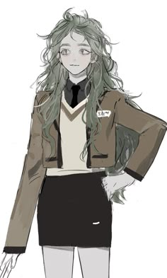 a drawing of a girl with long hair wearing a jacket and skirt, holding her hands behind her back