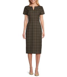 From Preston & York&#x2C; this dress features:Sheath SilhouetteSplit V-Neckline Short SleevesGlen Plaid Print Two Rivets at Waistband SidesFully LinedMidi LengthStraight Hemline Back Slit Opening at Hemline Back Hook & Eye with Zipper ClosureApprox. 44.5" Length Self: Polyester&#x2C; Rayon&#x2C; Elastane  Lining: Polyester&#x2C; ElastaneProfessional Dry Cleaning Imported. Wife Fashion, Glen Plaid, Dress 16, Plaid Print, Preston, Rivets, Sheath Dress, Midi Length, Split