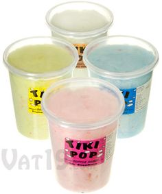 four different colored ice creams in plastic cups on a white background with the words ink pop written below them