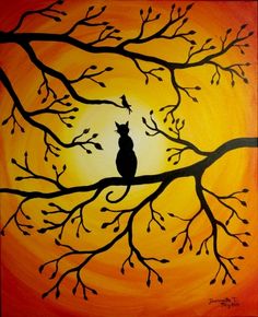 a painting of a cat sitting on a tree branch with the sun in the background