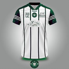 the soccer jersey is white and green with black stripes on the chest, along with a ball