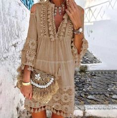 Make your friends admire you in this beautifully designed dress. Enjoy Summer in style. You will look gorgeous wearing this V Neck Summer Tassel Boho Short Dress. There has never been such a nice outfit to feel unique today! Lace Dress Boho, Fringe Mini Dress, Beach Mini Dress, Sweet Lady, Shift Dresses, Womens Shift Dresses, Khaki Dress, Mini Dress Casual, Summer Party Dress