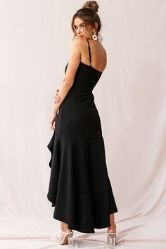 Buy the Emoji Dress Black | Selfie Leslie Black Flowy Dress With Asymmetrical Hem, Black A-line Asymmetrical Dress For Formal Events, Black Dress With Ruffles And Asymmetrical Neckline, Black A-line Asymmetrical Formal Dress, Black Selfie, Black Asymmetrical Neckline Pre-draped Dress, Selfie Leslie, Yellow Bridesmaid Dresses, Purple Bridesmaids