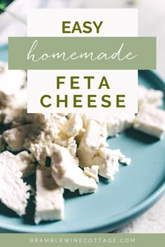 homemade feta cheese on a blue plate with text overlay