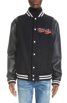 Balmain Black Leather & Wool Varsity Jacket Iconic Style, Style Icons, Varsity Jacket, Black Leather, Wool, Wardrobe, Leather, Black