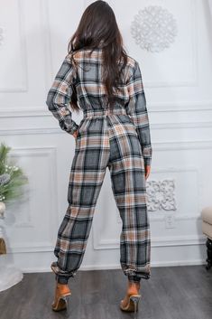 PLAID SMOCKED WAIST LONG SLV JUMPSUIT Cinched waist area Long sleeves Cinched ankle Front Zipper Model is 5’4 wearing a size small Fits true to size Plaid Jumpsuit, Plaid Fashion, Cinched Waist, Front Zipper, In Style, Smocking, Harem Pants, Rust, Jumpsuit