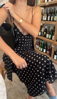 Polka Dot Cocktail Dress, Mini Dress With Black Boots, Polka Dot Wedding Guest Outfit, Beige Polka Dot Dress, Dress On Top Of Jeans, Polka Dot Dress Aesthetic, Black And White Polka Dot Dress, Fall Dinner Outfit Dressy, Italian Aesthetic Fashion