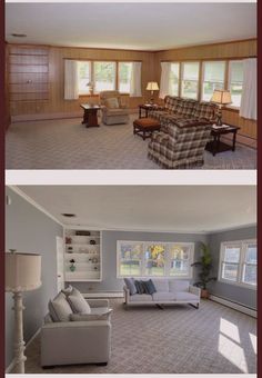 before and after pictures of a living room with couches, chairs, lamps and windows