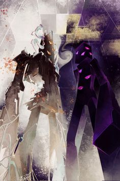 two anime characters standing next to each other in front of a purple and white background