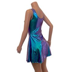 This dress offers a flattering fit n flare silhouette with lace-up detail and sexy open front. Made to show off your favorite hot pants. Could also be a beach cover-up or overlay. The oil slick spandex is holographic with white lace-up ties. You can choose different lace-up ties by simply telling us in the customization box. Iridescent Sleeveless Summer Dress, Disco Style Mini Dress For Summer Festivals, Rave Swimwear For Night Out In Summer, Summer Festival Disco Mini Dress, Summer Festival Metallic Swimwear, Disco Style Club Swimwear For Summer, Sleeveless Iridescent Mini Dress, Iridescent Mini Dress For Summer, Metallic Swimwear For Summer Night Out