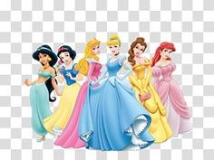 disney princesses standing together with their arms around each other, wearing dresses and tiaras