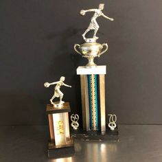 two trophies sitting next to each other on top of a black table with silver and gold decorations