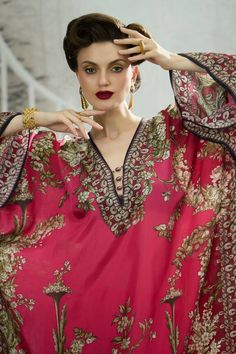 Fuchsia pink kimono sleeves kaftan with all over royal garden print and beaded embellishments on the neckline. - Aza Fashions Rajdeep Ranawat, Kaftan Pattern, Kaftan For Women, Beaded Embellishments, Pink Kimono, Printed Flare Pants, Pant For Women, Royal Garden, Kimono Sleeves