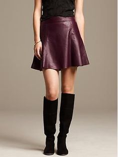 Burgundy Leather Fit-and-Flare Skirt <3 Fitted Flared Leather Skirt, Chic Evening Skirt With Flared Hem, Chic Flare Evening Skirt, Chic Evening Flare Skirt, Fitted Leather Flared Skirt, Fall Fitted A-line Mini Skirt, Fitted A-line Mini Skirt For Fall, Leather Flared Skirt For Night Out, Chic Workwear Skirt With Flared Hem