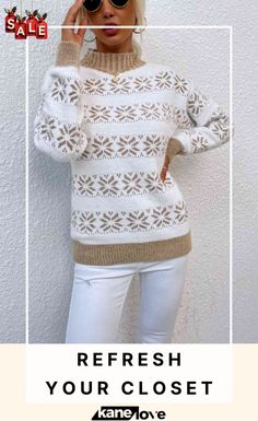 Snowflake Pattern Mock Neck Sweater White Knitted Long Sleeve Outerwear, White Long Sleeve Knitted Outerwear, White Crew Neck Tops For Cold Weather, Winter White Knitted Outerwear, White Crew Neck Outerwear For Spring, Casual White Winter Sweater, Casual White Knitted Outerwear, White Long Sleeve Outerwear For Snow, White Warm Tops For Winter