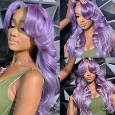 Collage featuring Ishow light purple lavender body wave human hair wig on a model and a mannequin, showcasing the wig's body wave texture, natural hairline, and 13x4 lace front with middle part. Color Wigs For Black Women, Light Purple Wig, Lavender Wig, Purple Texture, Wave Texture