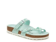 Women Mayari Sandal - Women's -Mint Green Metallic Summer Green Footbed Sandals With Leather Footbed, Green Leather Footbed Sandals For Summer, Casual Green Footbed Sandals With Textured Footbed, Summer Leather Footbed Slippers With Round Toe, Summer Slippers With Leather Footbed And Round Toe, Spring Slip-on Slippers With Buckle Closure, Spring Buckle Closure Slip-on Slippers, Spring Green Footbed Sandals, Green Slip-on Footbed Sandals For Spring