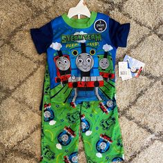 Thomas The Tank Engine Pajama Set Size 2t. Long Pants, Shorts And Short Sleeve Shirt Short Sleeve Sleep Sets With Character Print, Blue Character Print Loungewear Sets, Blue Character Print Sleepwear For Playtime, Friends Pajamas, Long Johns Pajamas, Mickey Mouse Shorts, Star Wars Halloween, Old Navy Kids, Halloween Pajamas