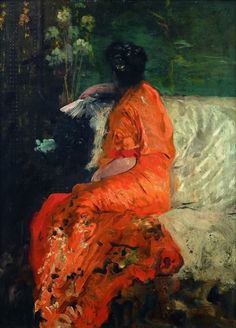 a painting of a woman in an orange dress sitting on a white couch next to flowers